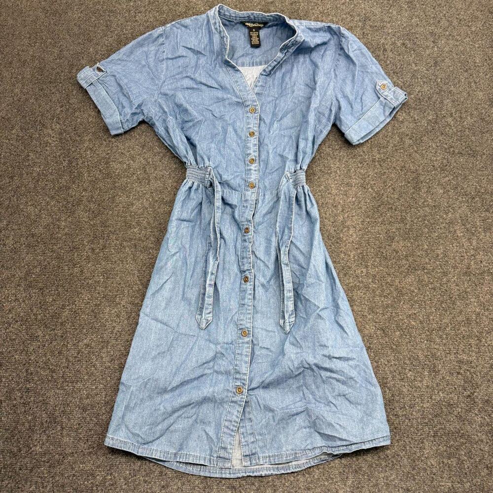 Millenium Shirt Dress Women's Small Light Wash Denim Button Front Smocked Mini